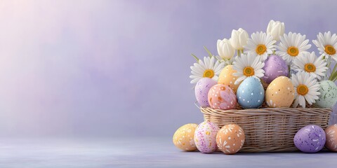 Obraz premium Elegant Easter basket with pastel eggs, white tulips and daisies on warm yellow background, perfect for seasonal holiday design