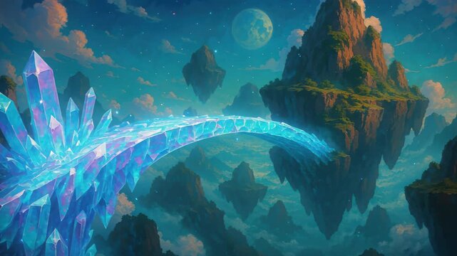 Dreamscape of the Floating Islands: A mesmerizing landscape unfolds, featuring crystalline structures and majestic floating islands connected by a luminous bridge, under a celestial sky. 