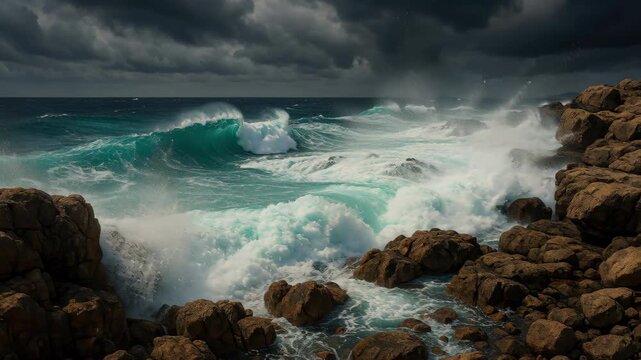 Ocean Storm's Fury: Captivating the raw power and beauty of a tempestuous sea, the crashing waves collide against the rocky shoreline under a dramatic, stormy sky.