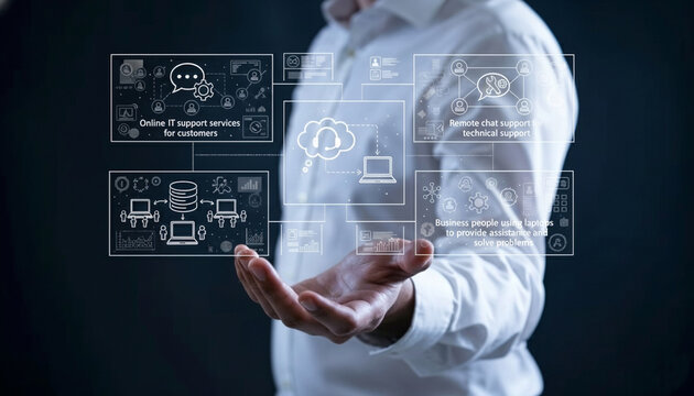 Professional businessman providing online IT support and remote technical services