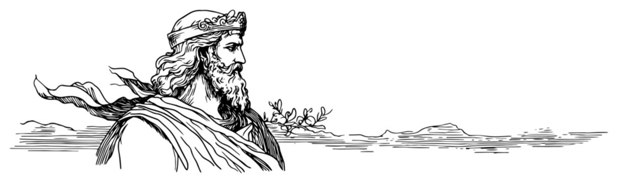 Ancient Greek God Poseidon or Zeus Profile Classical Mythology Portrait on Horizon Vintage Engraving