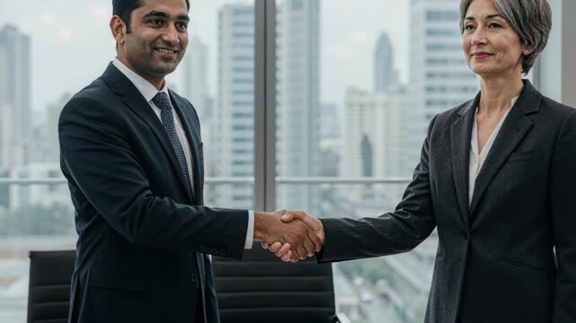 Handshake of Partnership: An executive man and woman in professional attire, shaking hands in a modern office space, sealed with a commitment to a business deal.