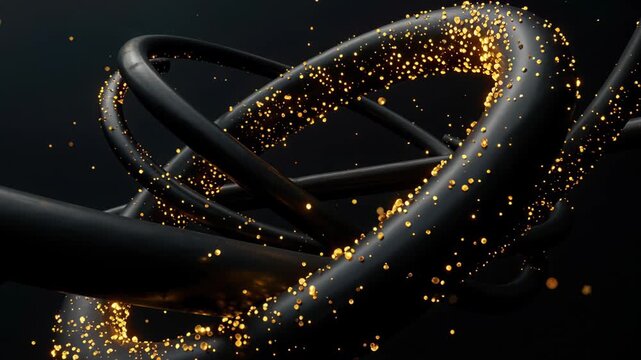 Abstract Technology: A captivating visualization of abstract technology with sleek, black cables entwined, shimmering with a constellation of golden particles, against a dark backdrop. 
