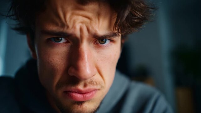 A close-up portrait of a young man expressing frustration and concern, showcasing an intense gaze with noticeable facial expressions and emotions reflecting inner turmoil.