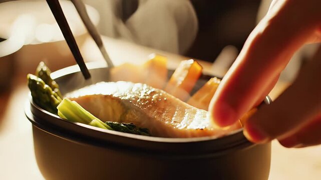 Chopsticks putting hot cooked salmon, steaming vegetables, dark bento box.