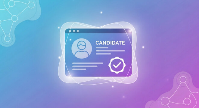 Digital candidate profile icon with verification check on a purple and blue gradient background