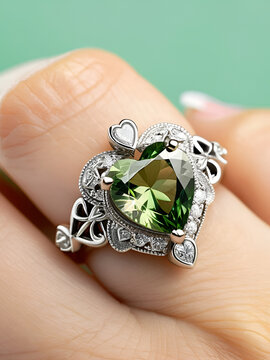 An engagement ring decorated with chrysolite and decorative hearts.