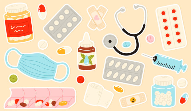 A set of medication and medical supplies stickers. Medicine pills, bottles, bandages, and bandages.