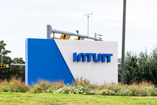 Intuit company logo signage in front of office building in Plano, TX.