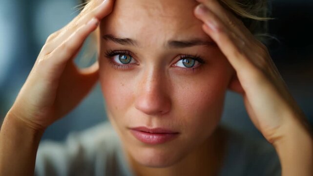 A young woman experiencing emotional distress, showcasing her troubled expression and fragile state as she holds her head in anguish amidst a blurred background.