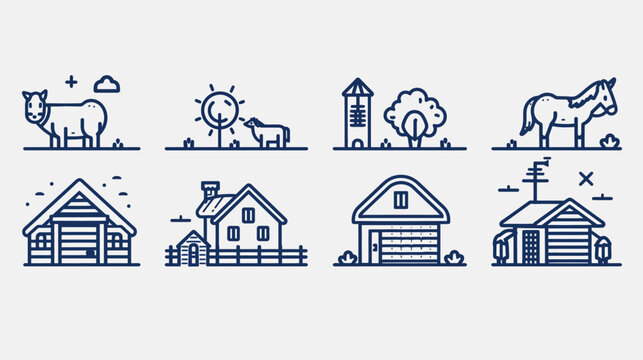 Clean line drawing of farm & home iconography. A cow, horse, and buildings are shown