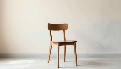 Fototapeta premium Minimalist wooden chair with curved backrest in empty bright room, soft natural lighting