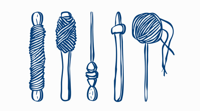 Blue sketch of various knitting yarn, embroidery floss bundles and needle tools