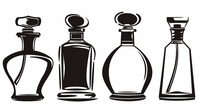 Four monochrome stylized vintage bottles in a row, varied shapes and stoppers