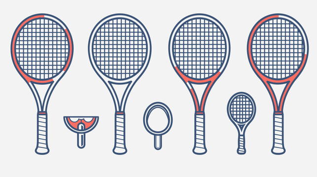Several tennis rackets and paddles in a line, different sizes, blue lines and orange