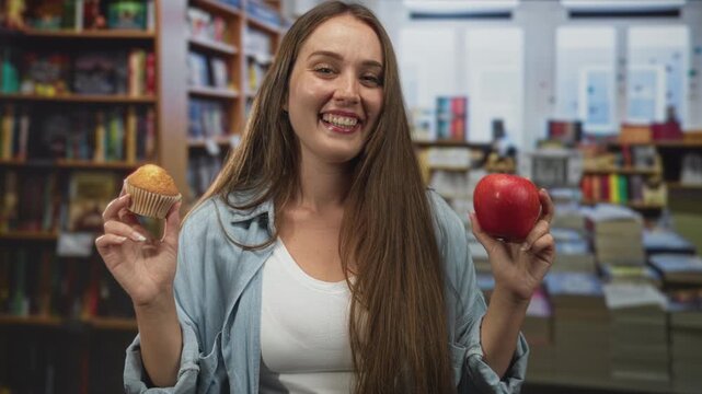 Woman holding red apple and muffin while smiling and wearing a denim shirt in a library building between bookshelves and stacks of books; healthy choice happy.
