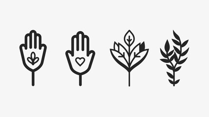 Fototapeta premium A collection of four simple, black line art illustrations on a white background hands, leaves, and stems