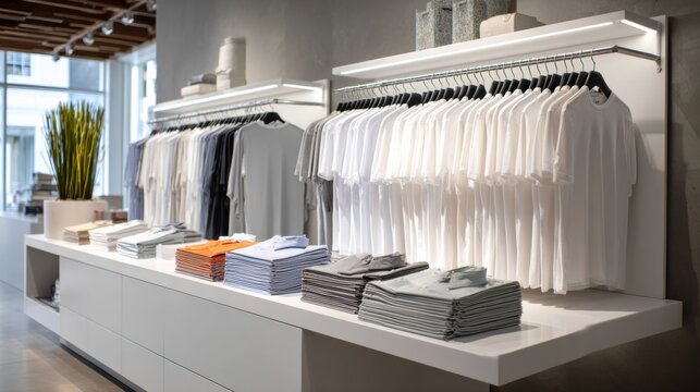Modern clothing store interior with neatly folded shirts and minimal retail display clean design