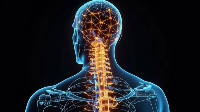 Glowing human spine vertebra and spinal cord with nervous system skeleton ribcage lumbar thoracic