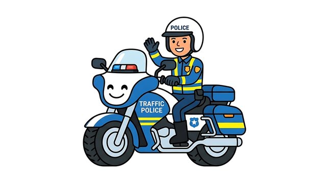 Police officer on motorcycle waving.