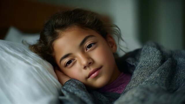 A young girl peacefully sleeping and later waking up in a cozy, warm bed, wrapped in a soft blanket, capturing a tranquil moment of rest and serenity.