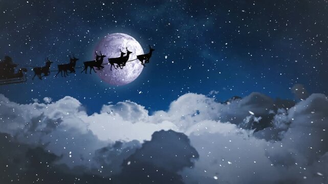 Animation of santa claus in sleigh with reindeer over winter scenery with snow falling