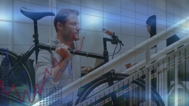 Animation of financial data processing over carrying bicycle