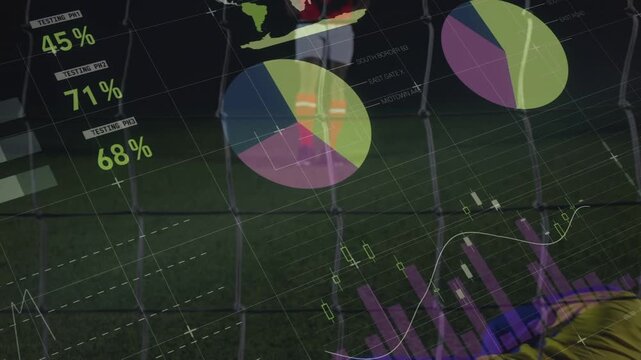Animation of graphs and data over legs of african american soccer player at stadium