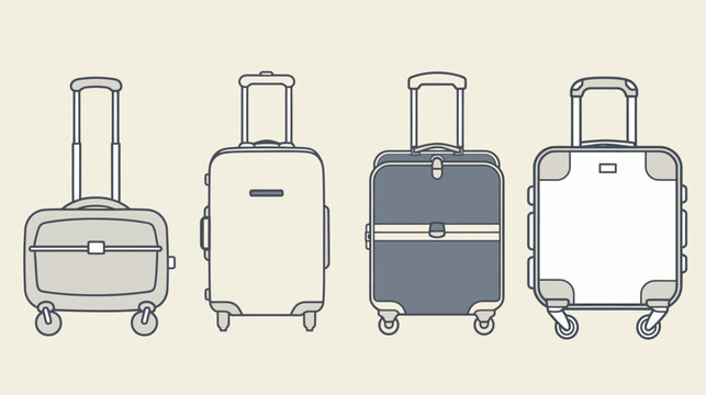 Line art illustration of four rolling suitcases in various designs and color palettes