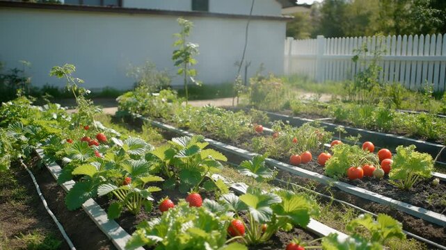 Sun-drenched home garden thriving with rows of vibrant green plants, showcasing plump red strawberries and ripening tomatoes, a perfect picture of organic freshness