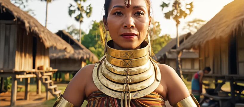 Portrait of a Kayan Lahwi woman wearing traditional brass neck coils standing in a rural village with thatched roof stilt houses