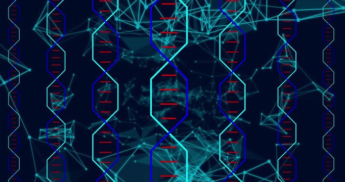 Animation of moving shapes and dna strands on black background