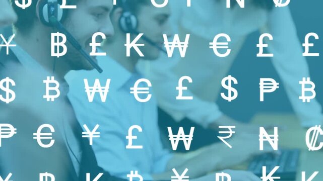 Animation of online currency icons over diverse business people wearing phone headsets