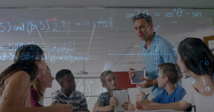 Animation of math formulas moving over diverse male teacher and pupils working on laptop