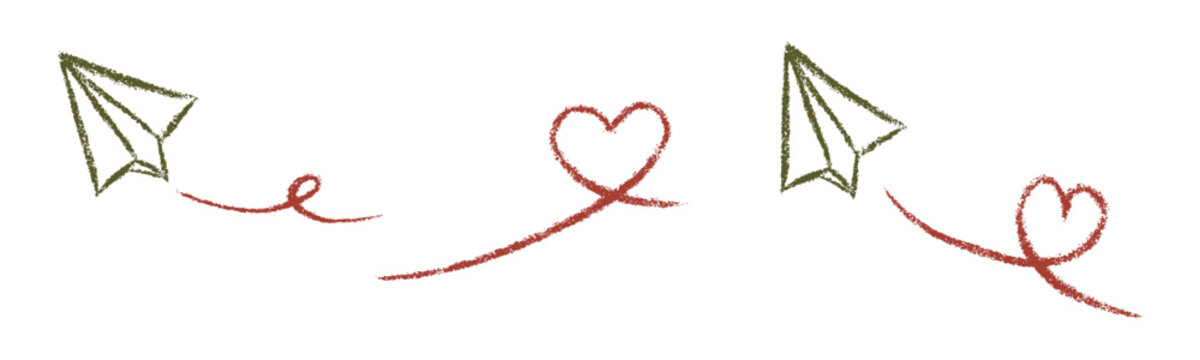 Hand Drawn Paper Airplane and Heart Set, Crayon Scribble Flight Paths for Scrapbooking and Journaling, Vintage Cottagecore Vector Illustration Collection