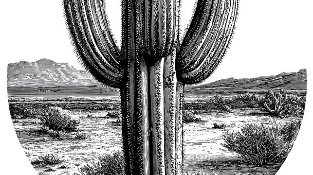 A detailed illustration of a large cactus, central, in a desert scene; black and white style