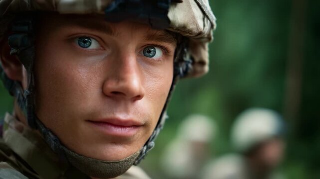 A Resolute Soldier Gazing Intently, Reflecting Determination and Courage in the Heart of Nature's Embrace Amidst the Challenges of Military Duty
