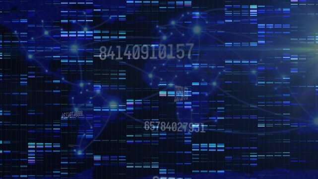 Animation of red particles and multiple changing numbers over mosaic squares over world map