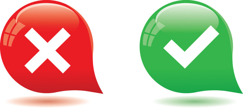Speech balloon with cross and check mark. Survey reaction icon. Simple sign graphic design. Circle YES and NO button symbols for voting, decisions, web. 3D Web Vector Illustration.