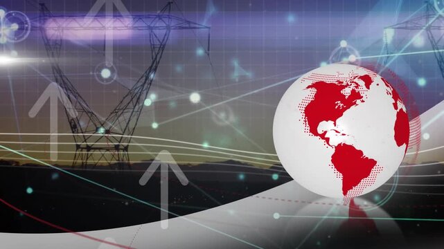 Animation of arrows, connections and globe over electricity poles