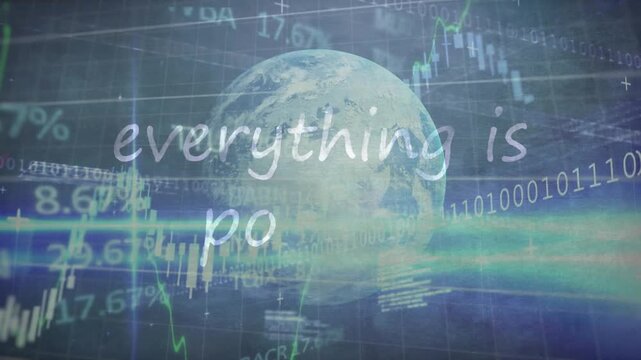 Animation of data processing and globe over everything is possible text