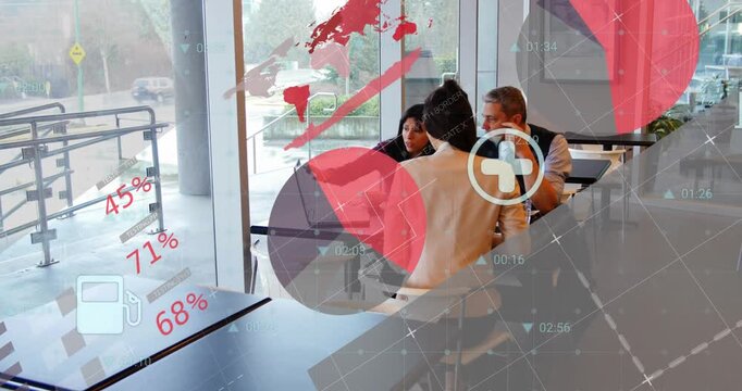 Animation of financial data processing over diverse business people at office