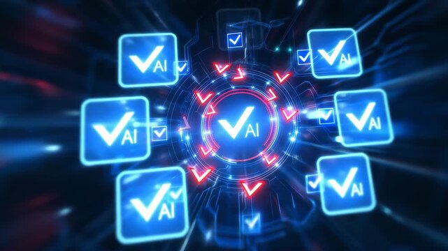 Artificial intelligence compliance checklist interface with warning alerts, AI governance, risk assessment, cybersecurity audit, automated control system, digital verification&nbsp;