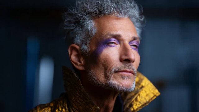 Elegant portrait of a man with striking curls and vibrant eye makeup, exuding confidence and artistry in a richly textured gold jacket against a soft background.