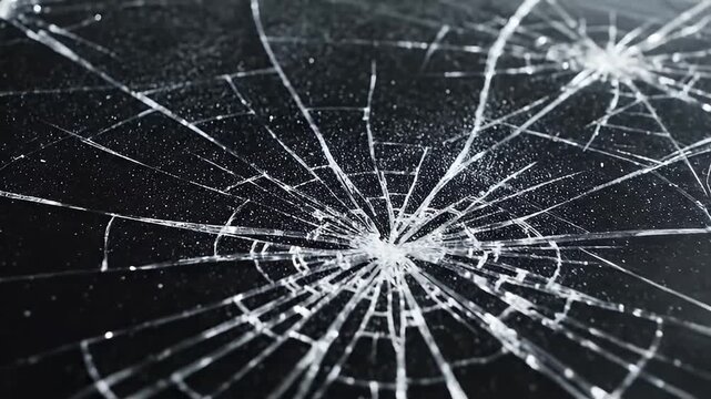 Shattered black screen with white glass cracks and particles