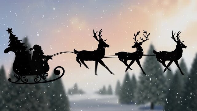 Animation of snow over santa claus in sleigh being pulled by reindeers against winter landscape