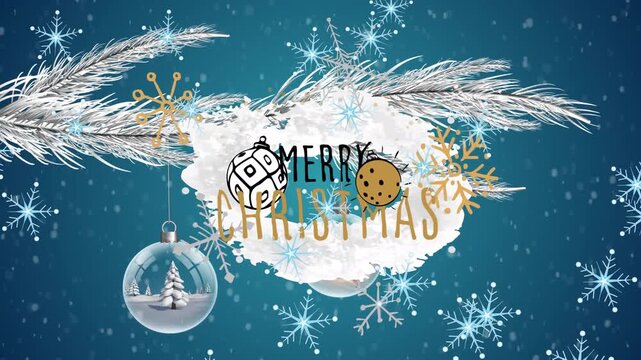 Animation of snowflakes falling over merry christmas text banner and hanging bauble decorations
