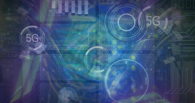 Animation of data processing and scopes columns over server room