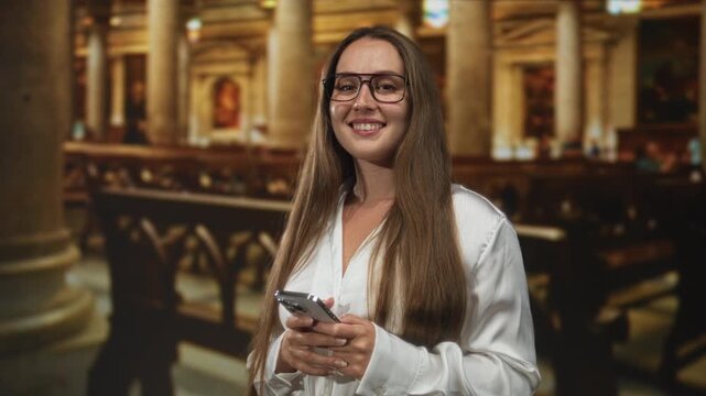 Woman holding smartphone and smiling inside a church nave between columns and wooden pews; serenity faith.