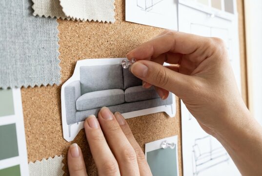 Interior designer pinning a paper cutout of a grey sofa onto a cork mood board